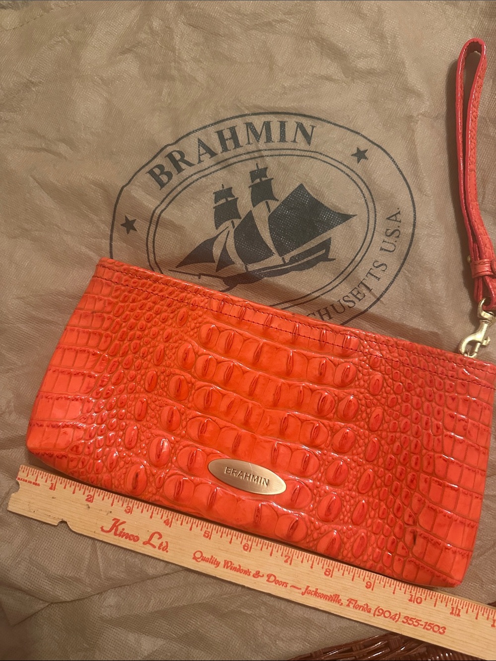 Brahmin Bright Orange Croc-Embossed Leather Wristlet